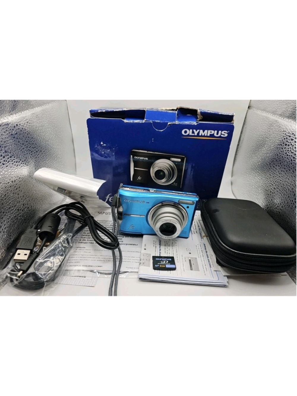Olympus FE-46 12MP Digital Camera Blue In Box With XD Card, Cables, Manual Etc.